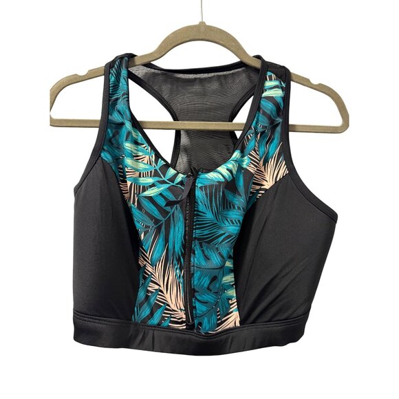 Cacique Swim By Cacique Black & Tropical Leaf Print Zip Front Sports Bra Size 20 - Picture 10 of 12